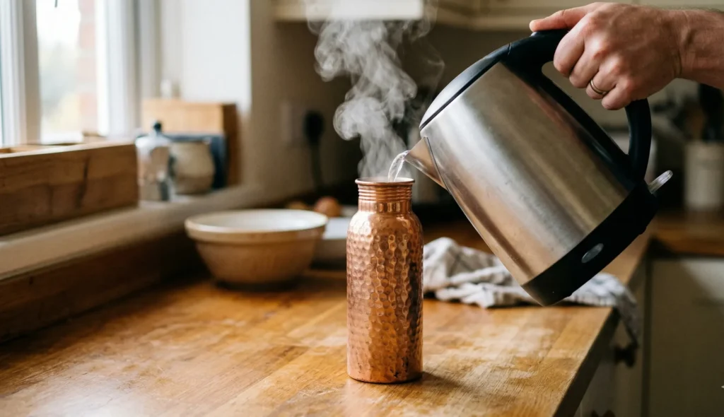 Close-up of boiling water being poured from an electric kettle into a copper bottle on a home kitchen counter.