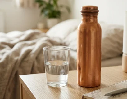 A featured photograph (1024x1024 px) focused sharply on a used, slightly oxidized pure copper bottle and a glass of water resting on a textured wooden bedside table. A small, patterned notebook and a pen are nearby, suggesting a personal morning wellness ritual. The background is softly blurred with subtle, cozy bedroom clutter, emphasizing a natural 'trial and error' feel. Soft ambient daylight.