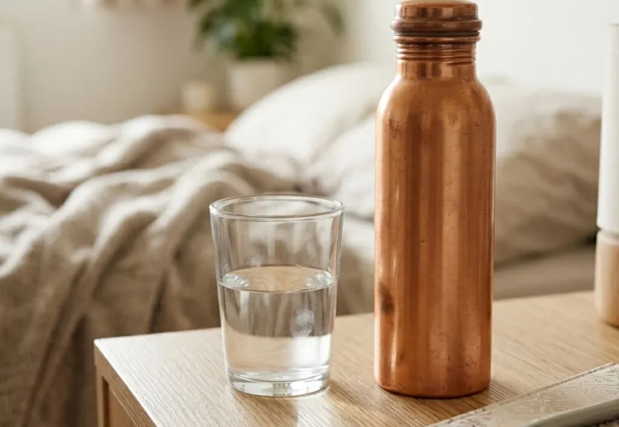 A featured photograph (1024x1024 px) focused sharply on a used, slightly oxidized pure copper bottle and a glass of water resting on a textured wooden bedside table. A small, patterned notebook and a pen are nearby, suggesting a personal morning wellness ritual. The background is softly blurred with subtle, cozy bedroom clutter, emphasizing a natural 'trial and error' feel. Soft ambient daylight.