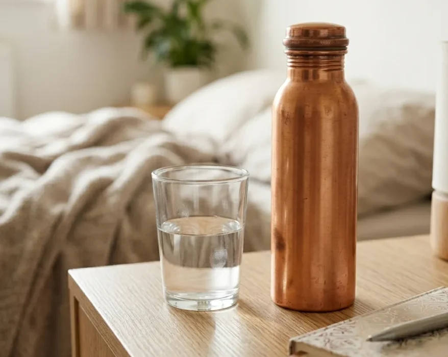 A featured photograph (1024x1024 px) focused sharply on a used, slightly oxidized pure copper bottle and a glass of water resting on a textured wooden bedside table. A small, patterned notebook and a pen are nearby, suggesting a personal morning wellness ritual. The background is softly blurred with subtle, cozy bedroom clutter, emphasizing a natural 'trial and error' feel. Soft ambient daylight.