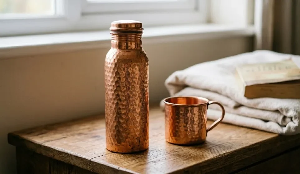 Copper water bottle sitting on a bedside table with morning light, showing a safe, room-temperature storage routine.