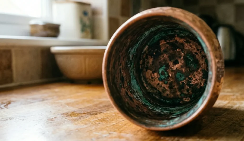 Internal view of a copper bottle showing dark tarnishing and greenish patina from hot water use.